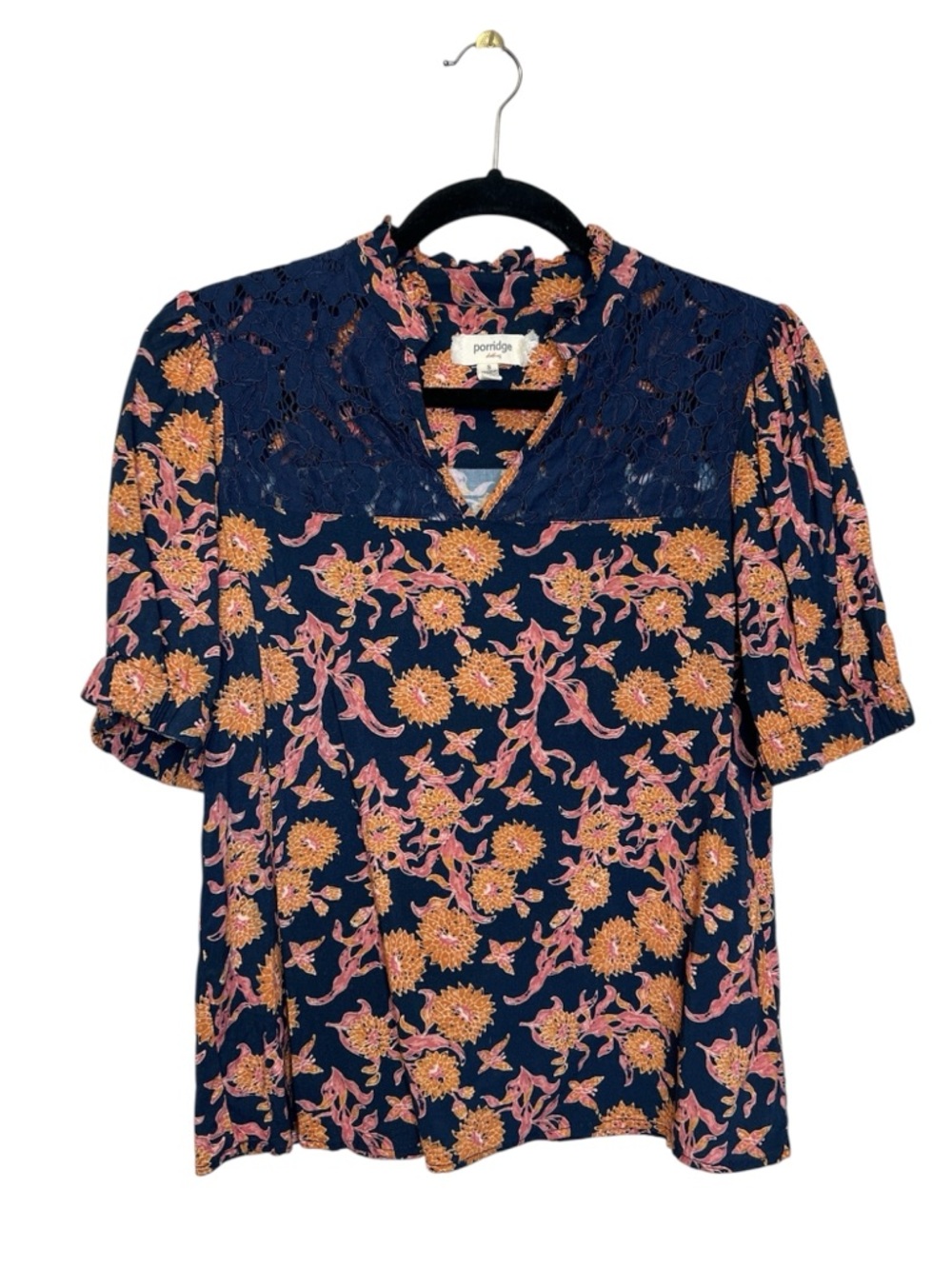 Porridge Cottagecore floral and Lace Navy Blue and Orange V Neck top size S